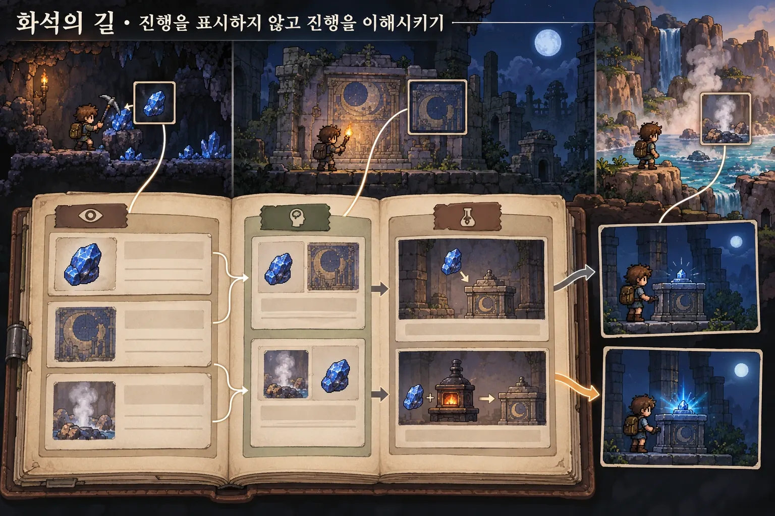 화석의 길 — 진행을 표시하지 않고 진행을 이해시키기: 본문 규칙에 따른 전용 기획 도해