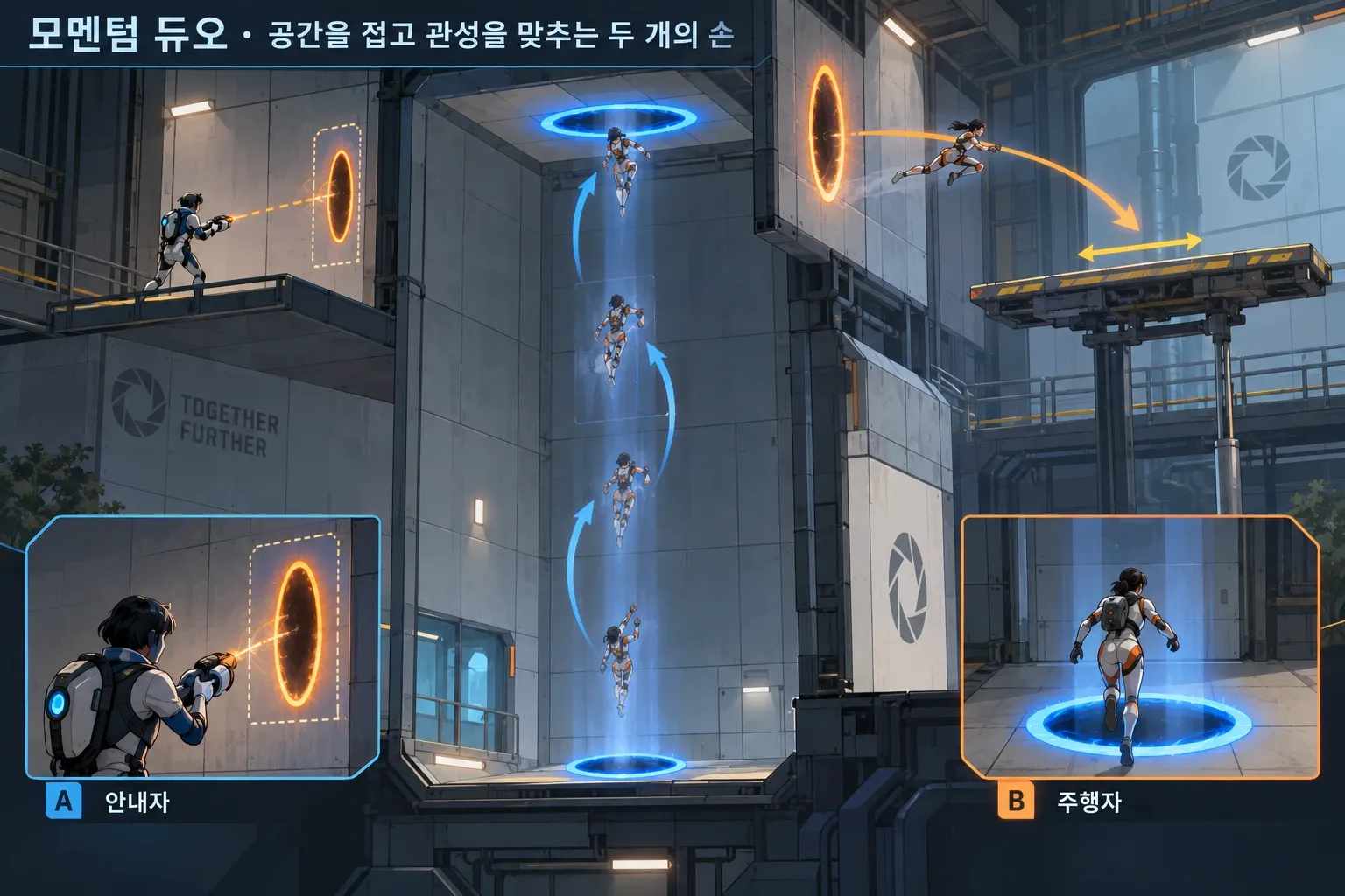 모멘텀 듀오 — 공간을 접고 관성을 맞추는 두 개의 손: 본문 규칙에 따른 전용 기획 도해