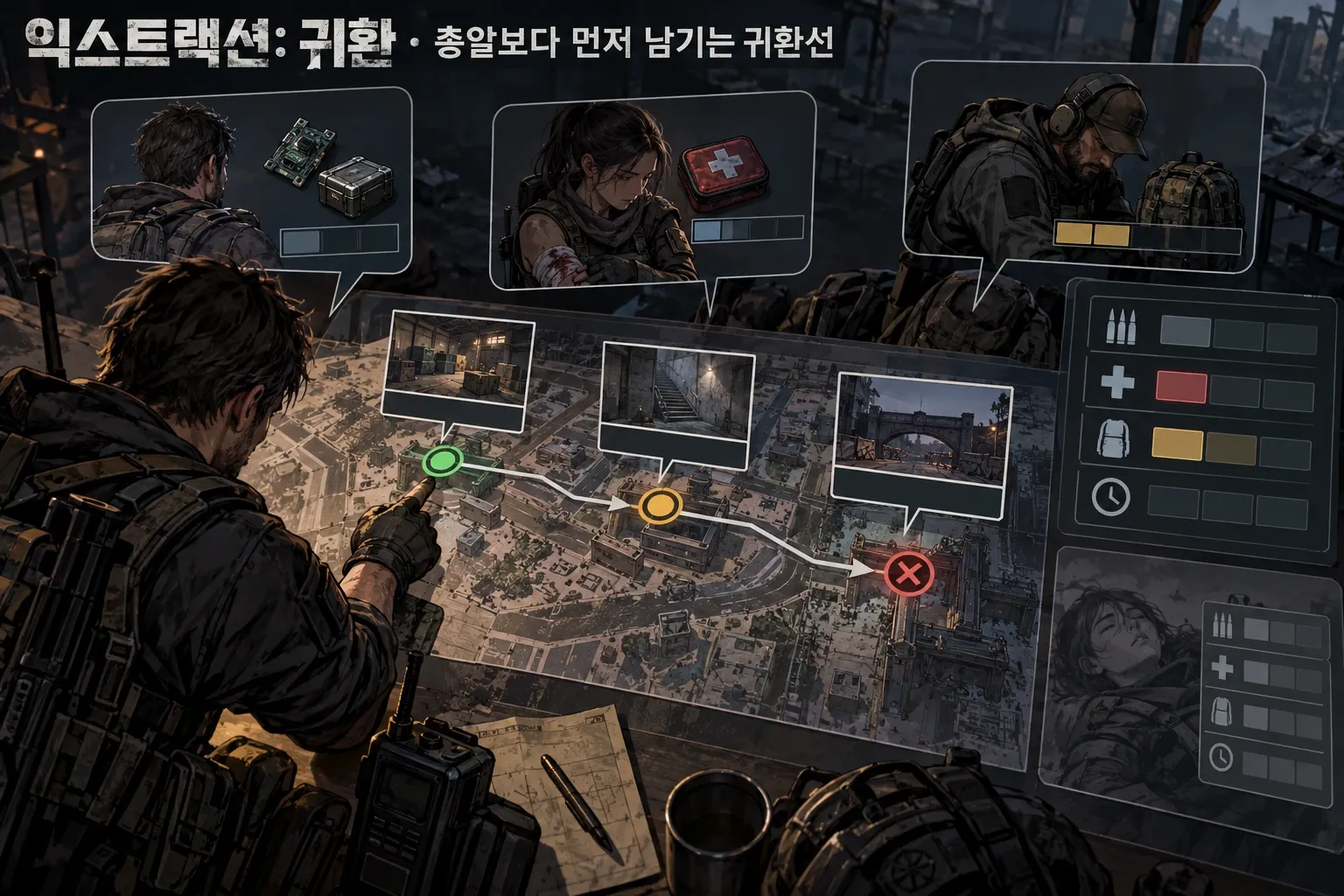 익스트랙션: 귀환 — 총알보다 먼저 남기는 귀환선: 본문 규칙에 따른 전용 기획 도해