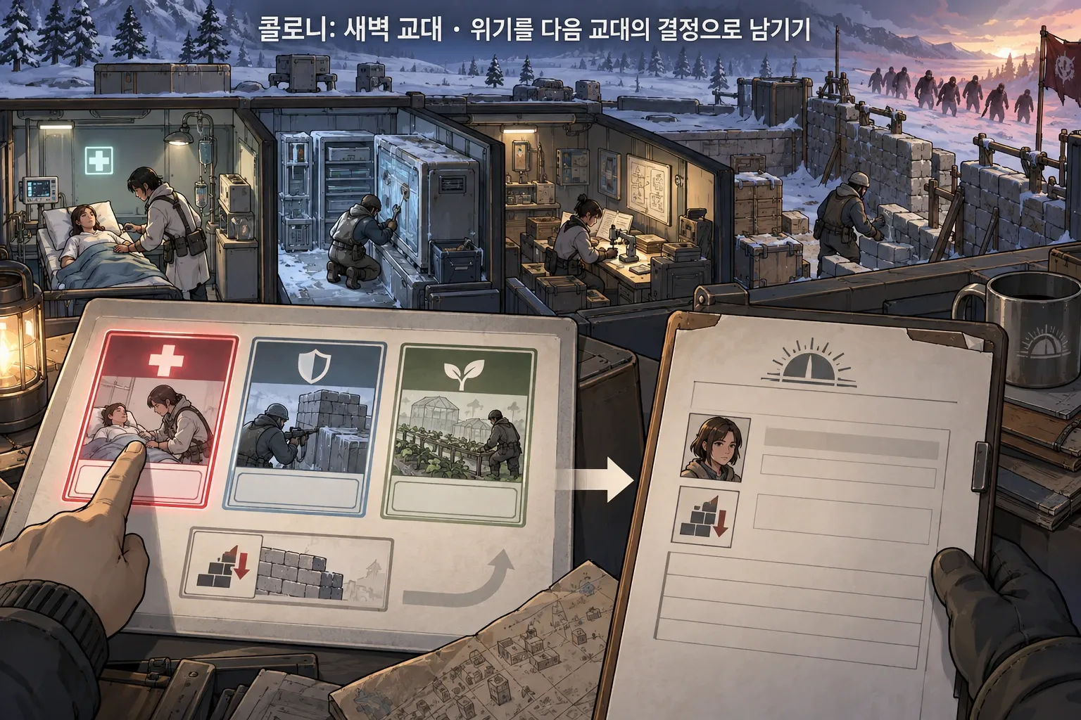 콜로니: 새벽 교대 — 위기를 다음 교대의 결정으로 남기기: 본문 규칙에 따른 전용 기획 도해