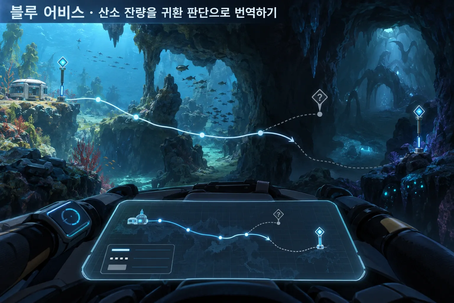 블루 어비스 — 산소 잔량을 귀환 판단으로 번역하기: 본문 규칙에 따른 전용 기획 도해