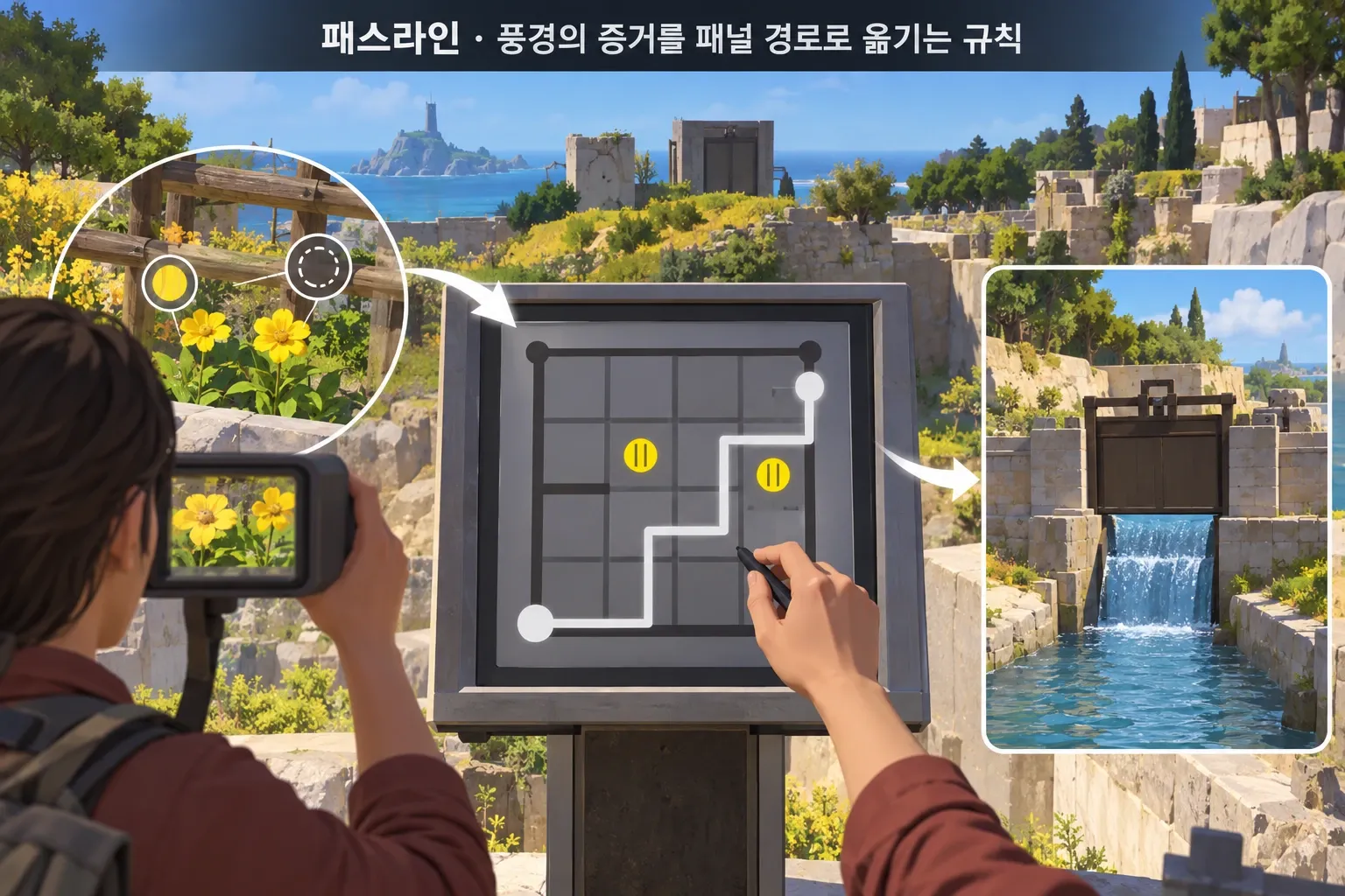 패스라인 — 풍경의 증거를 패널 경로로 옮기는 규칙: 본문 규칙에 따른 전용 기획 도해