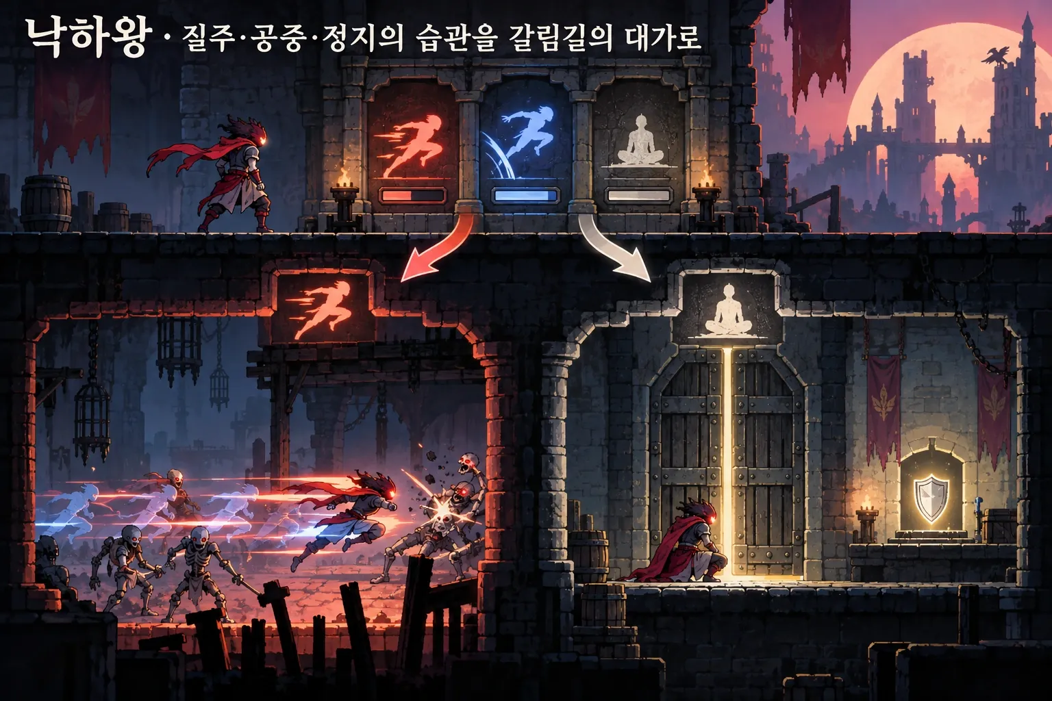 낙하왕 — 질주·공중·정지의 습관을 갈림길의 대가로: 본문 규칙에 따른 전용 기획 도해