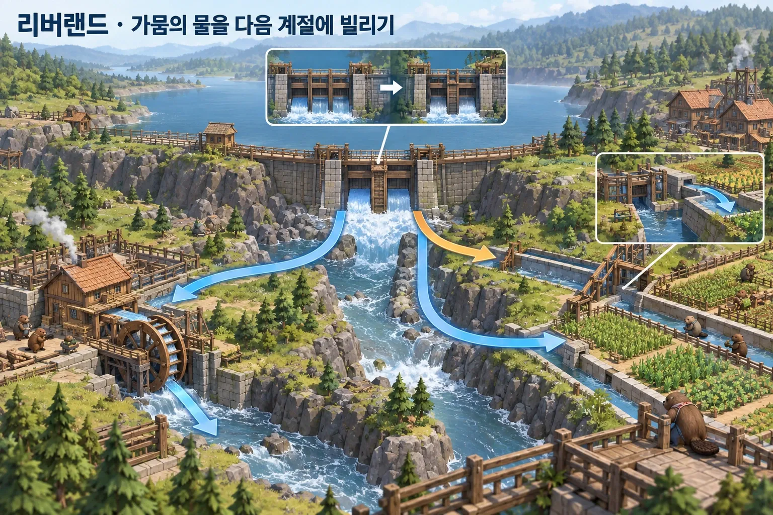 리버랜드 — 가뭄의 물을 다음 계절에 빌리기: 본문 규칙에 따른 전용 기획 도해
