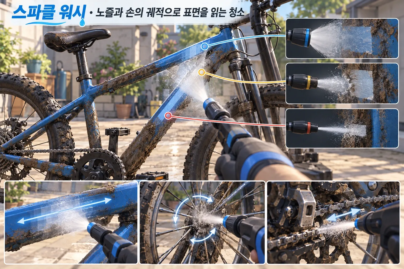 스파클 워시 — 노즐과 손의 궤적으로 표면을 읽는 청소: 본문 규칙에 따른 전용 기획 도해