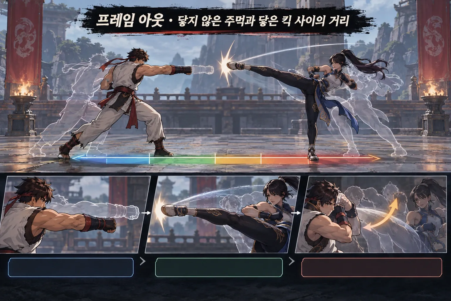 프레임 아웃 — 닿지 않은 주먹과 닿은 킥 사이의 거리: 본문 규칙에 따른 전용 기획 도해