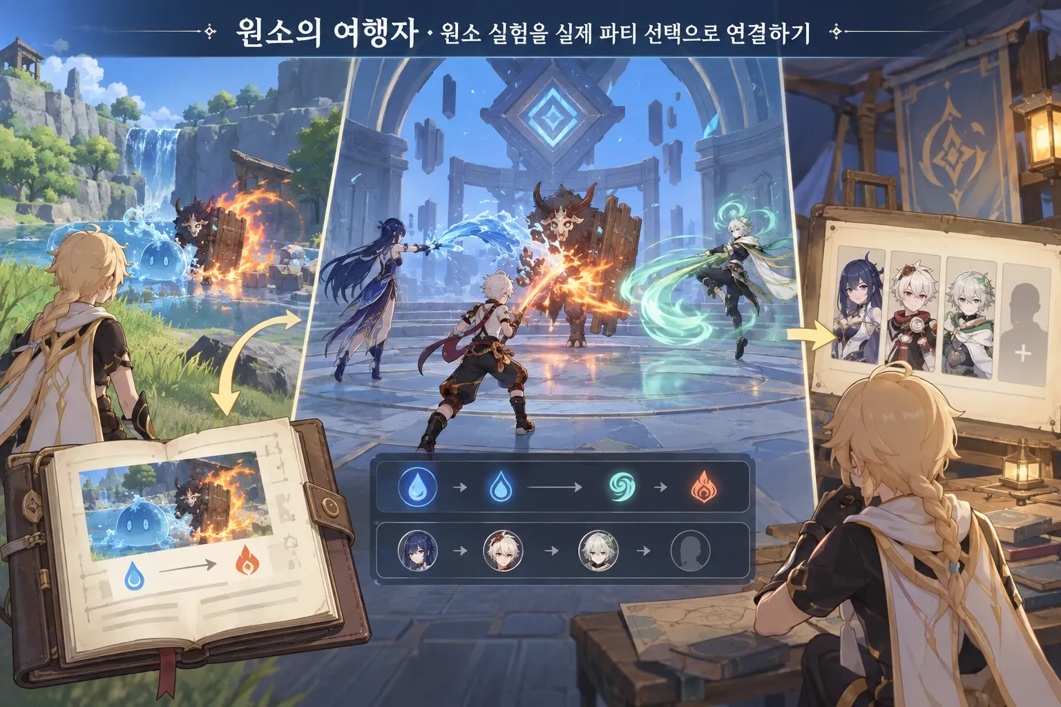 원소의 여행자 — 원소 실험을 실제 파티 선택으로 연결하기: 본문 규칙에 따른 전용 기획 도해