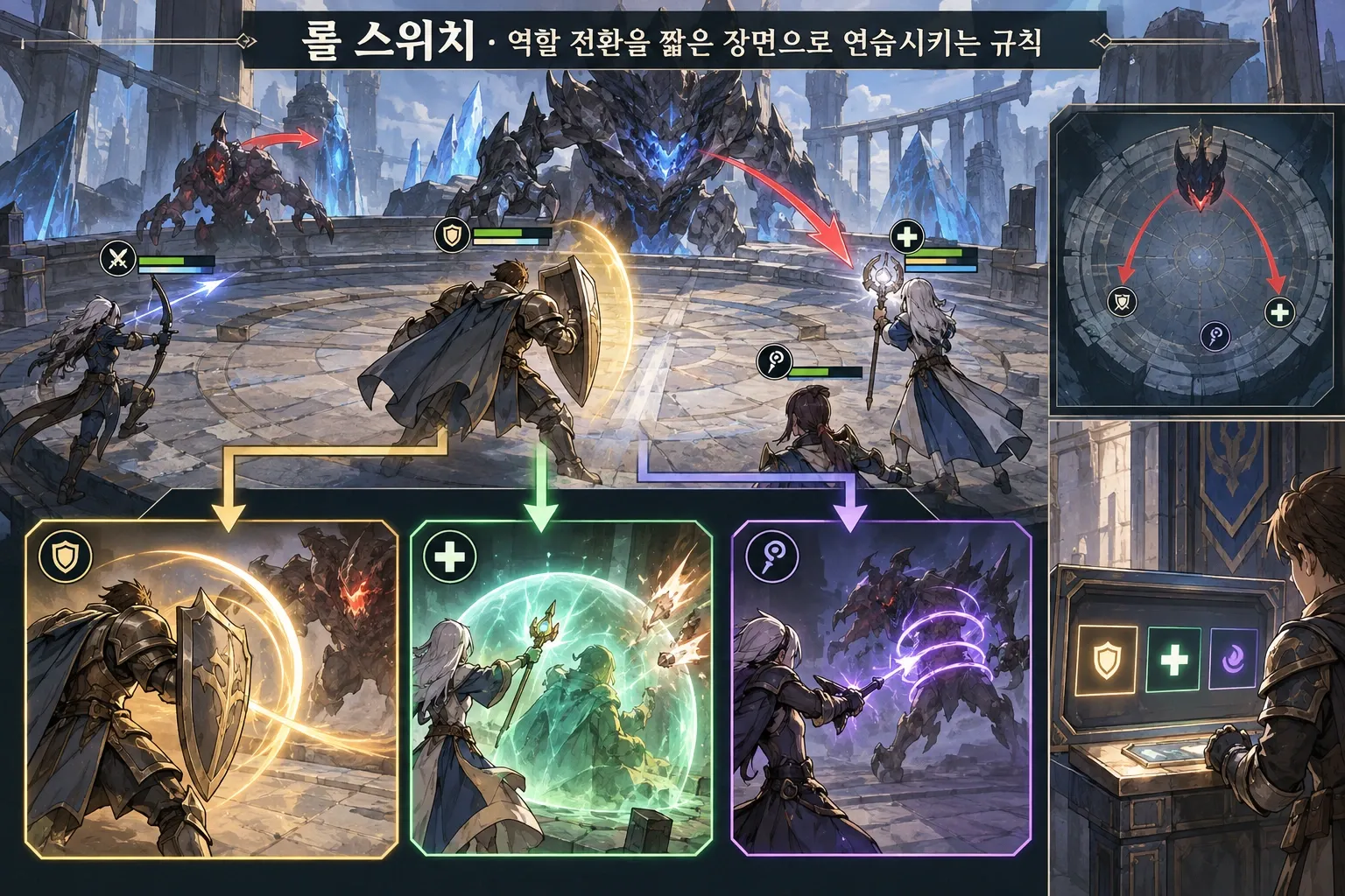 롤 스위치 — 역할 전환을 짧은 장면으로 연습시키는 규칙: 본문 규칙에 따른 전용 기획 도해
