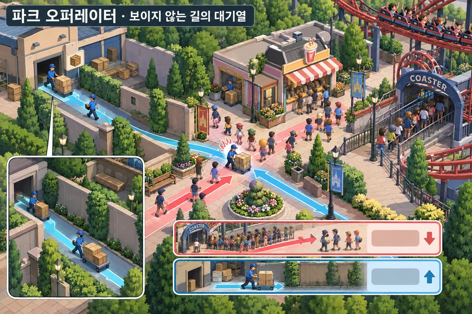 파크 오퍼레이터 — 보이지 않는 길의 대기열: 본문 규칙에 따른 전용 기획 도해