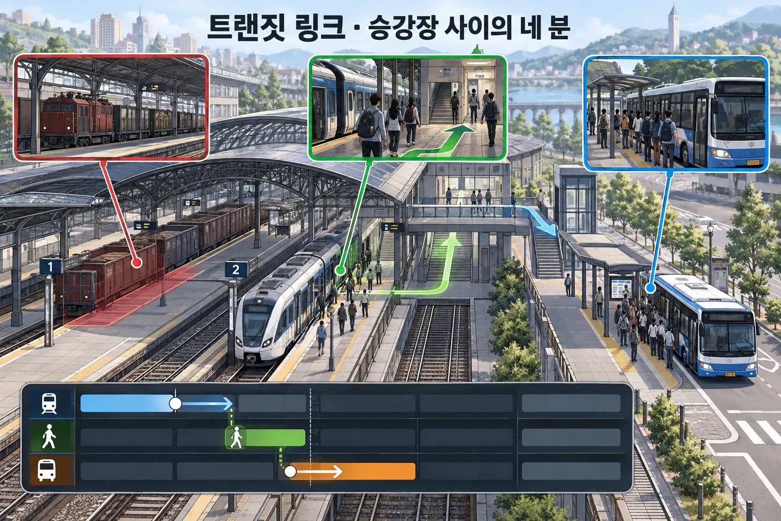 트랜짓 링크 — 승강장 사이의 네 분: 본문 규칙에 따른 전용 기획 도해