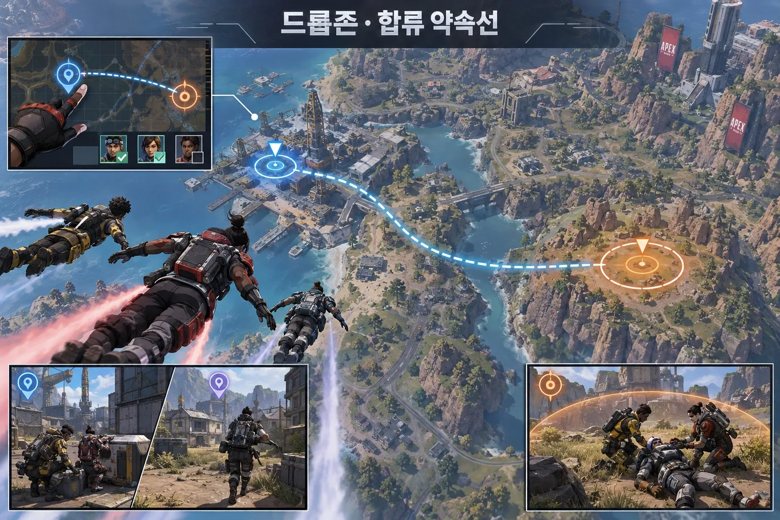 드롭존 — 합류 약속선: 본문 규칙에 따른 전용 기획 도해
