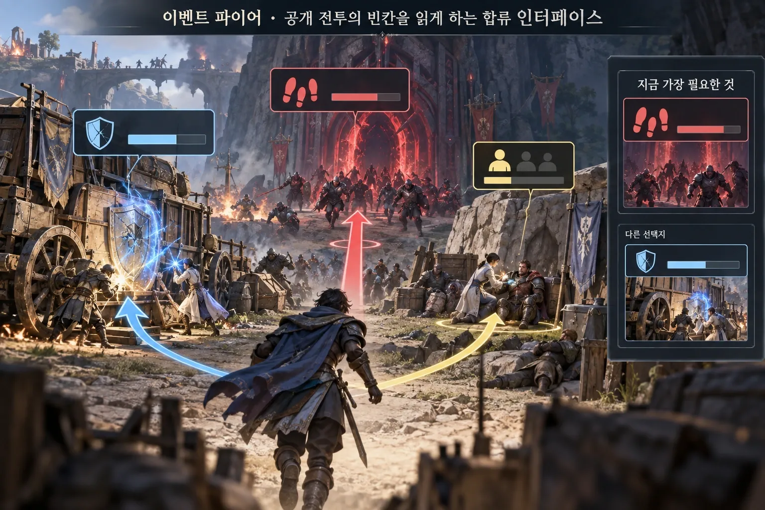 이벤트 파이어 — 공개 전투의 빈칸을 읽게 하는 합류 인터페이스: 본문 규칙에 따른 전용 기획 도해