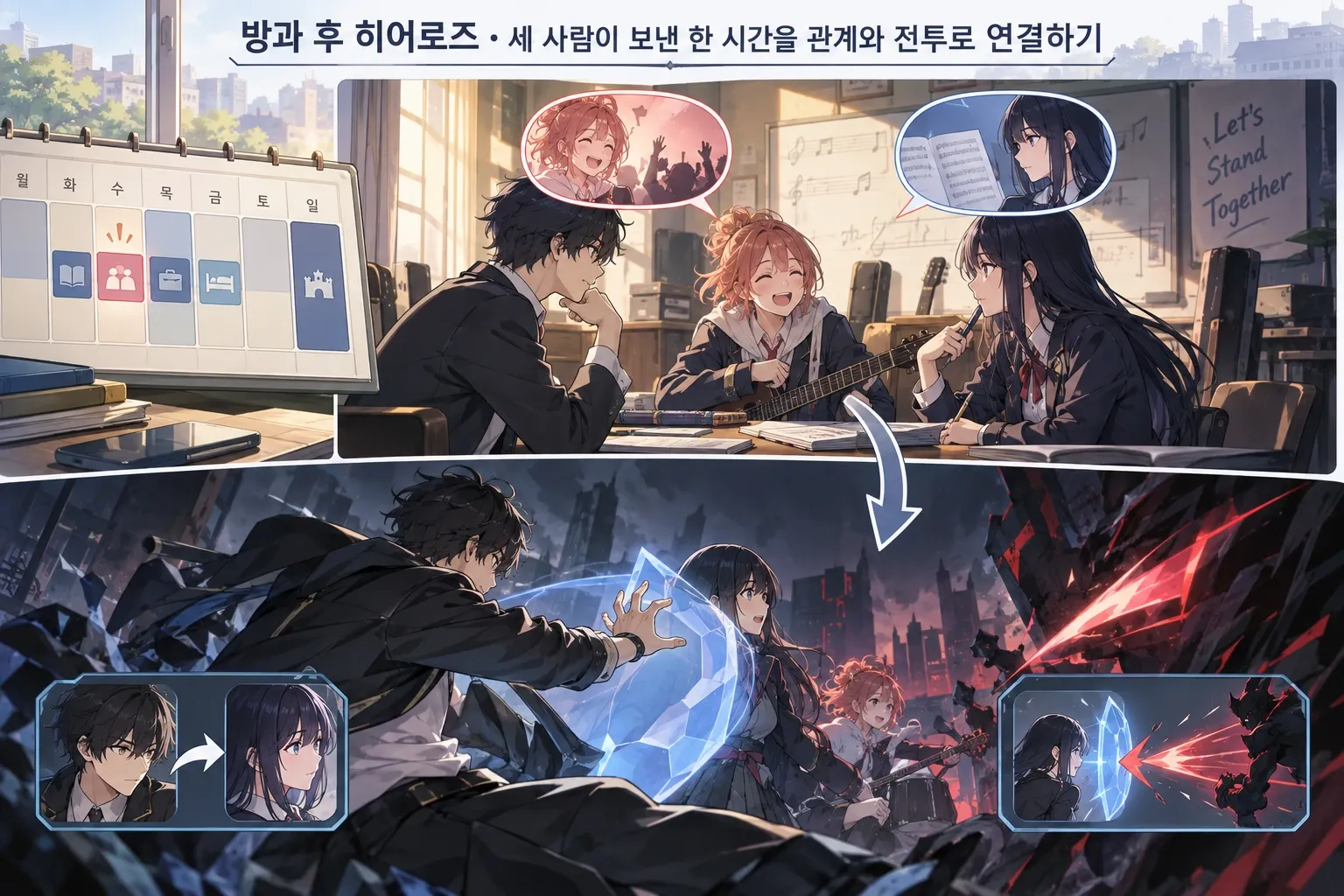 방과 후 히어로즈 — 세 사람이 보낸 한 시간을 관계와 전투로 연결하기: 본문 규칙에 따른 전용 기획 도해