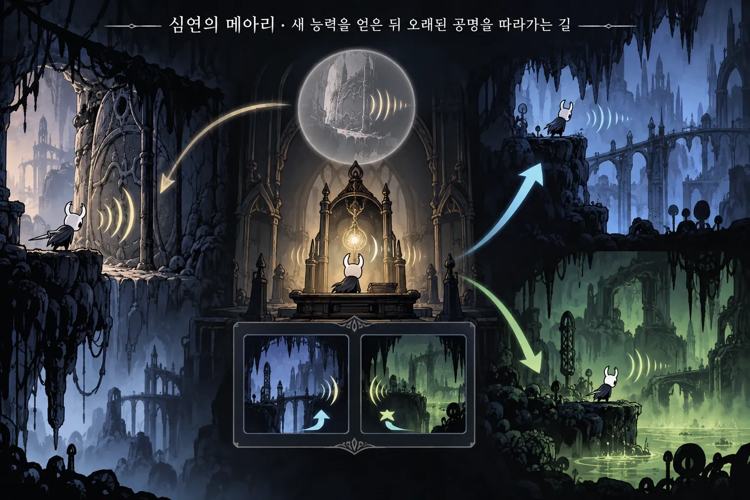 심연의 메아리 — 새 능력을 얻은 뒤 오래된 공명을 따라가는 길: 본문 규칙에 따른 전용 기획 도해