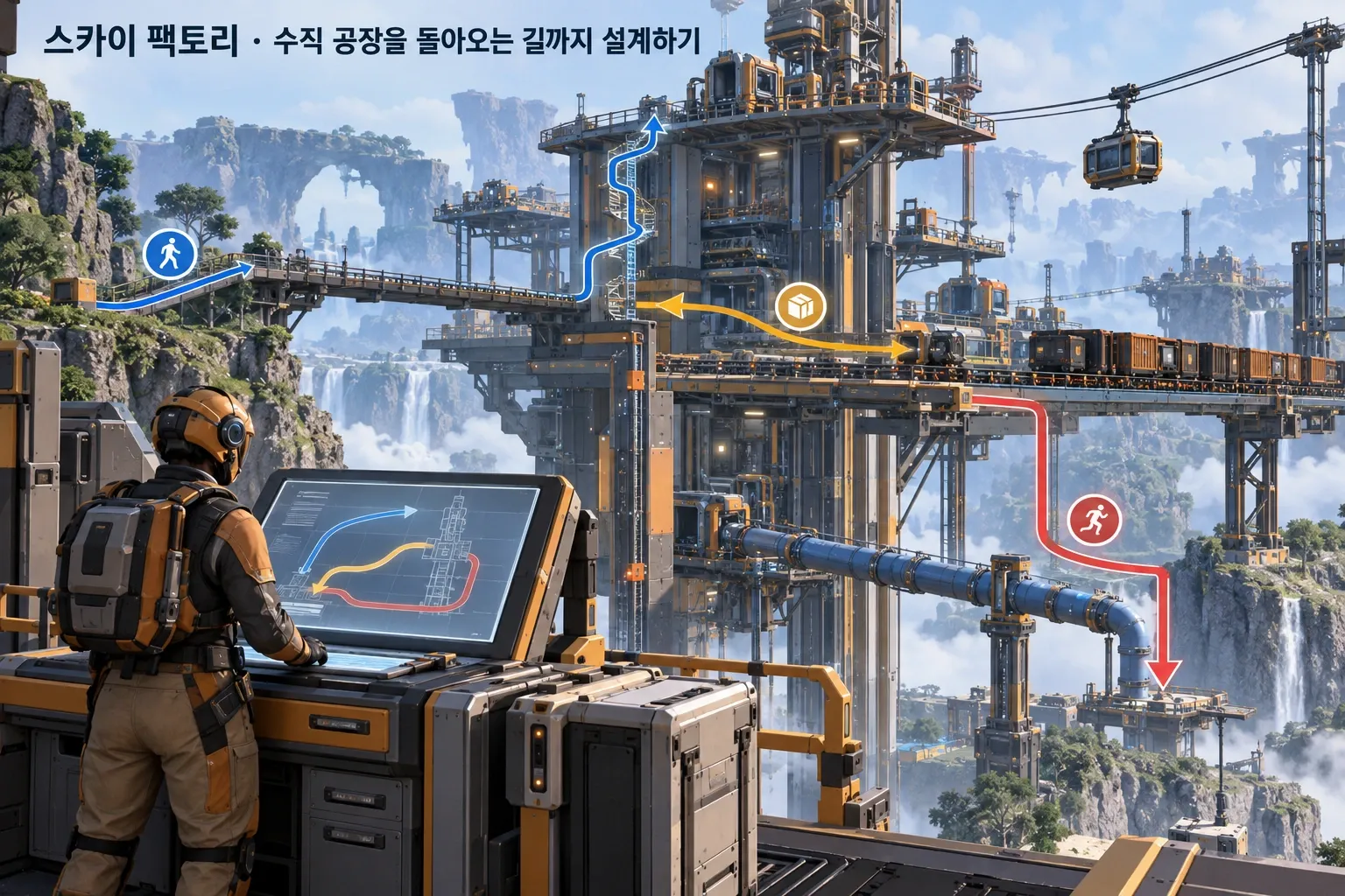스카이 팩토리 — 수직 공장을 돌아오는 길까지 설계하기: 본문 규칙에 따른 전용 기획 도해
