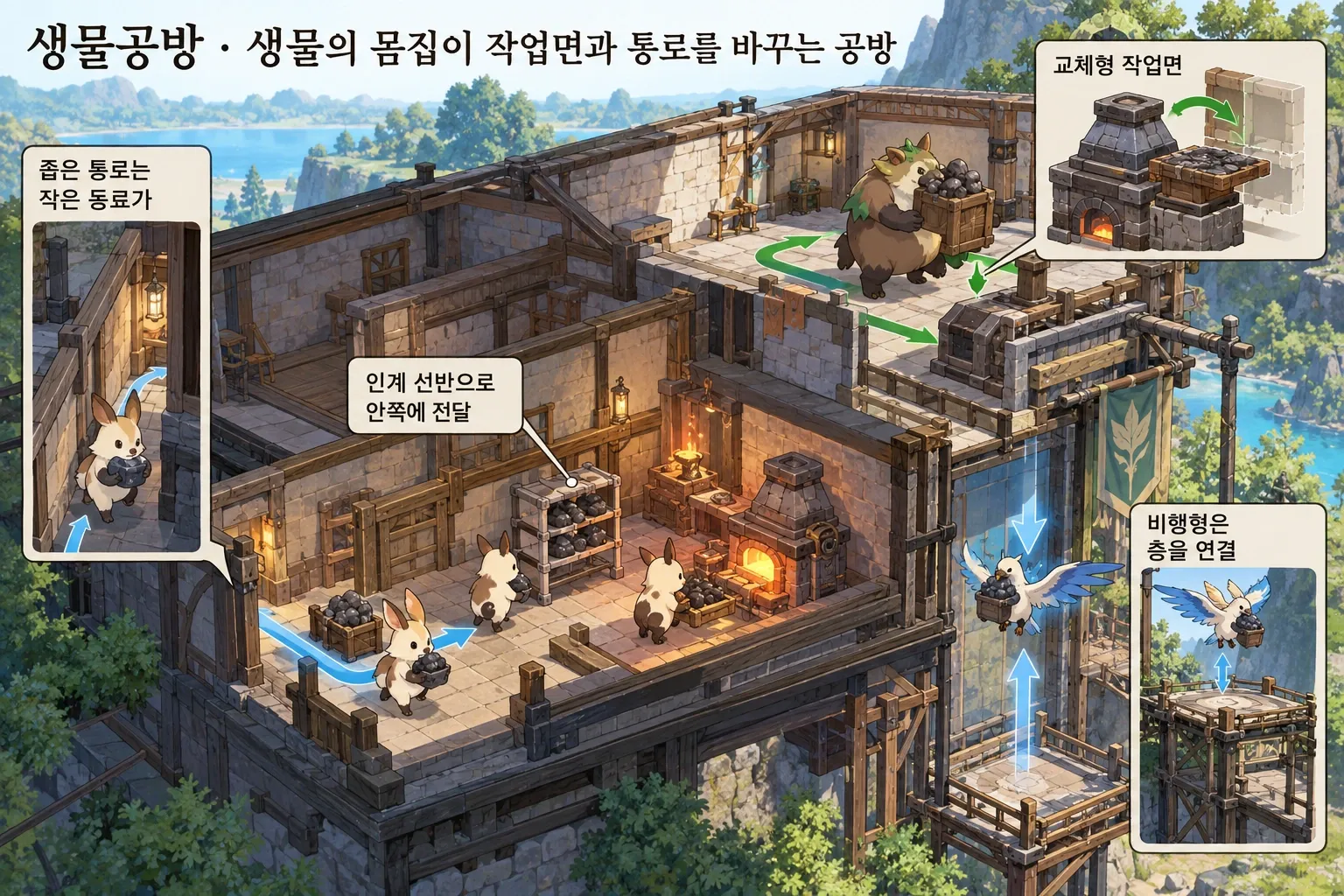 생물공방 — 생물의 몸집이 작업면과 통로를 바꾸는 공방: 본문 규칙에 따른 전용 기획 도해
