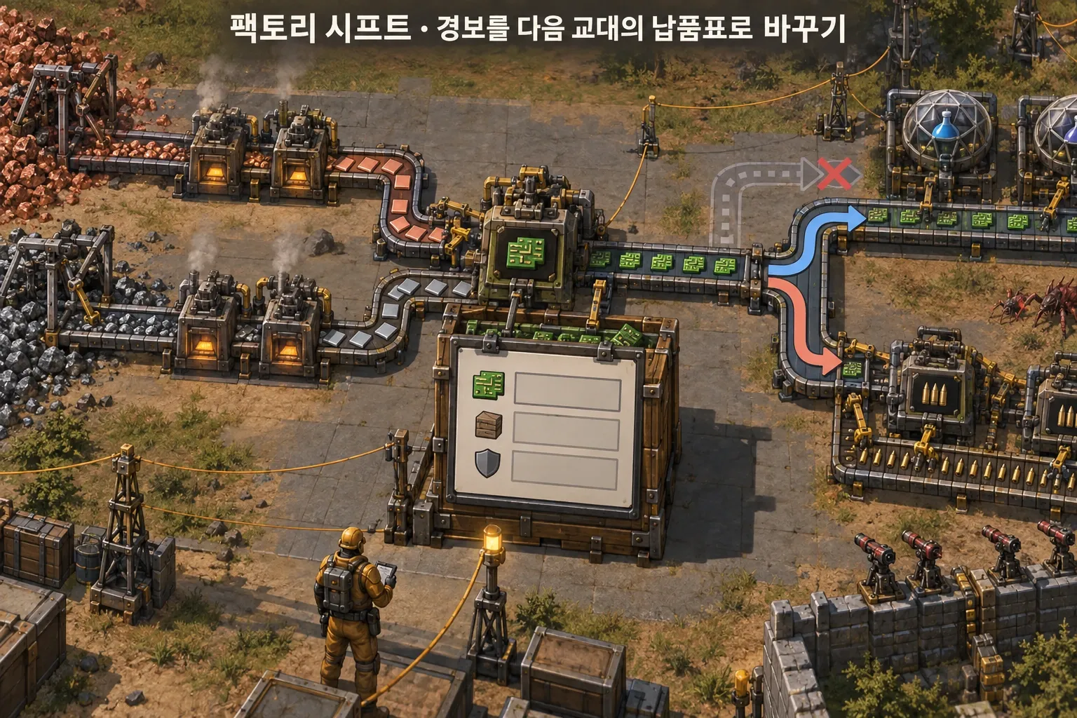 팩토리 시프트 — 경보를 다음 교대의 납품표로 바꾸기: 본문 규칙에 따른 전용 기획 도해