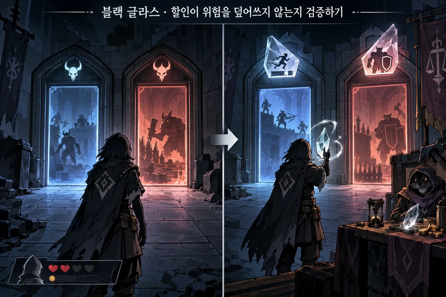 블랙 글라스 — 할인이 위험을 덮어쓰지 않는지 검증하기: 본문 규칙에 따른 전용 기획 도해