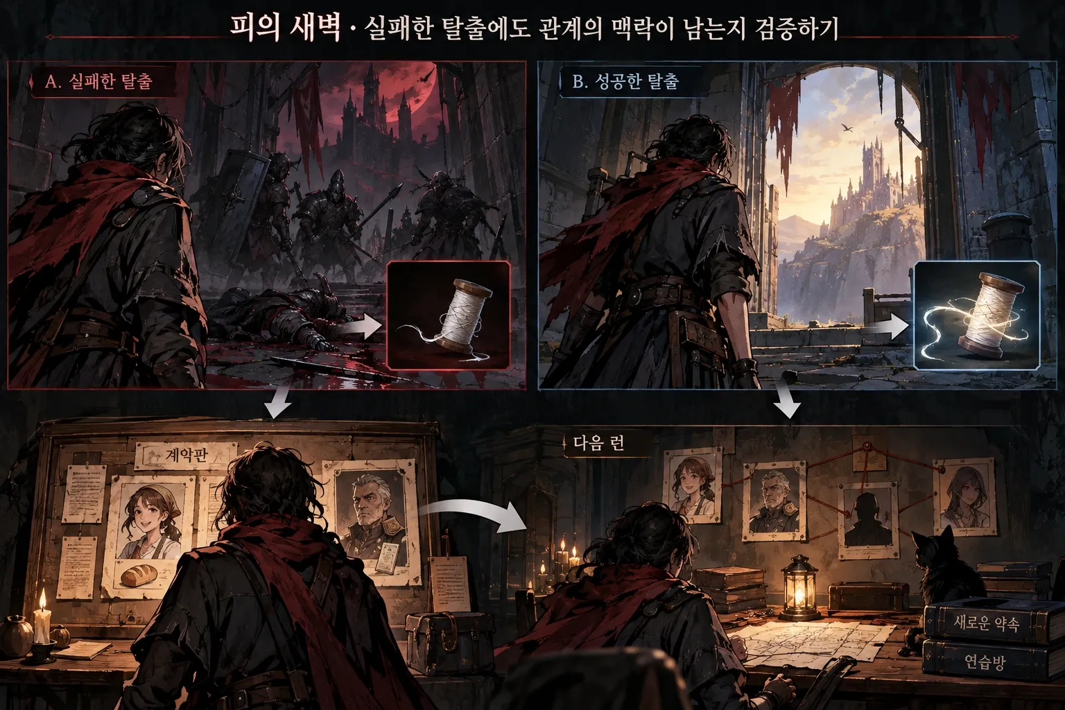 피의 새벽 — 실패한 탈출에도 관계의 맥락이 남는지 검증하기: 본문 규칙에 따른 전용 기획 도해