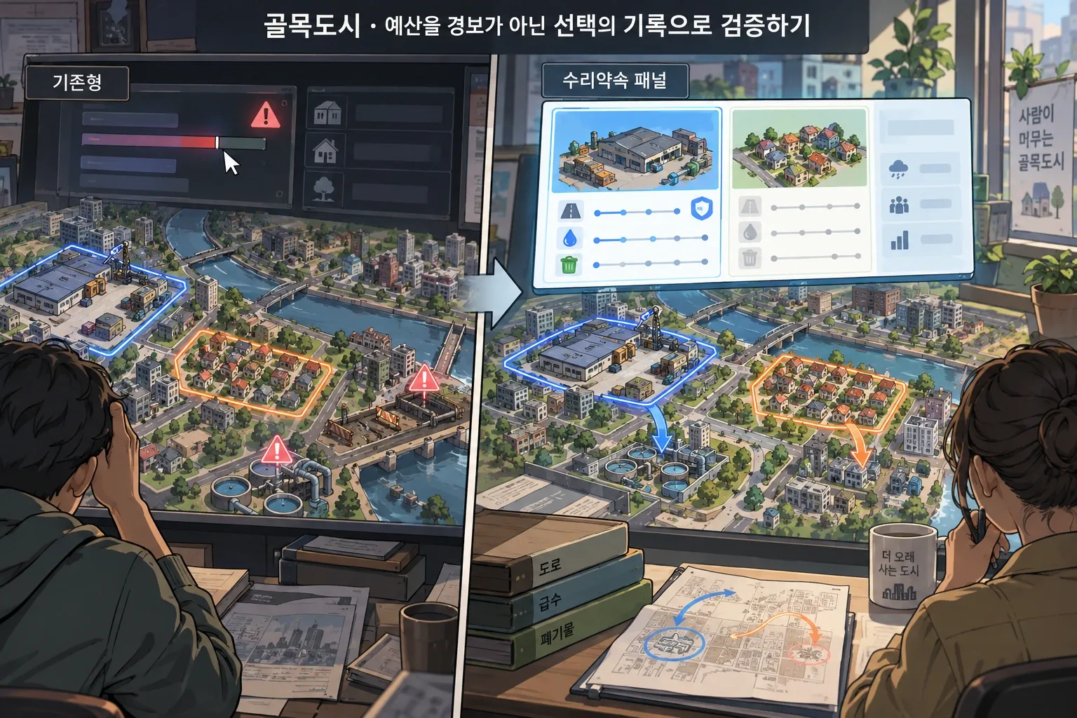 골목도시 — 예산을 경보가 아닌 선택의 기록으로 검증하기: 본문 규칙에 따른 전용 기획 도해