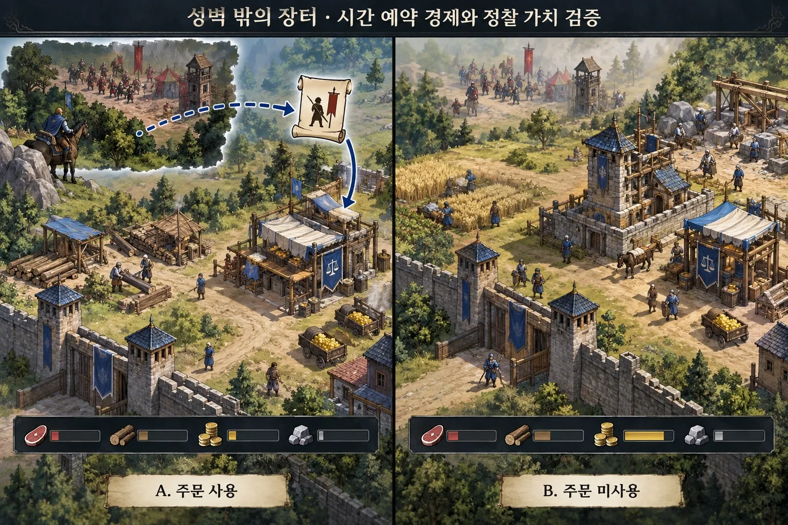 성벽 밖의 장터 — 시간 예약 경제와 정찰 가치 검증: 본문 규칙에 따른 전용 기획 도해