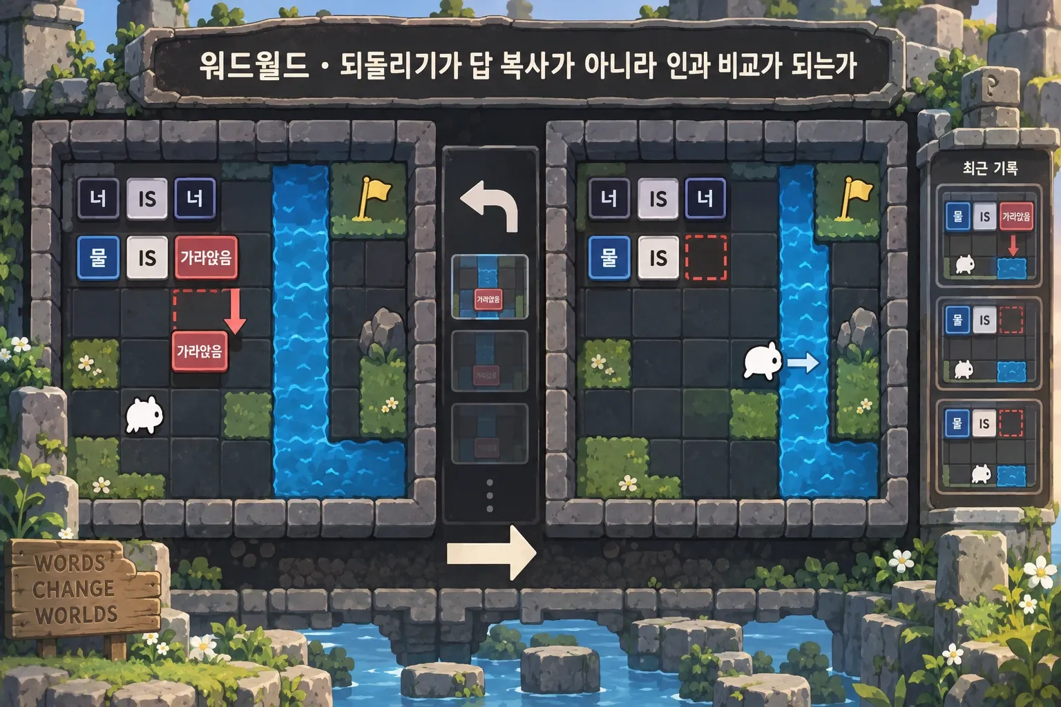 워드월드 — 되돌리기가 답 복사가 아니라 인과 비교가 되는가: 본문 규칙에 따른 전용 기획 도해