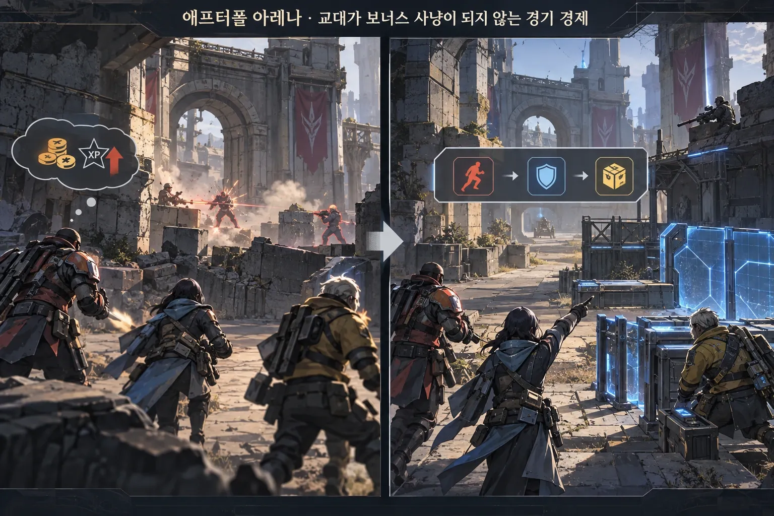 애프터폴 아레나 — 교대가 보너스 사냥이 되지 않는 경기 경제: 본문 규칙에 따른 전용 기획 도해