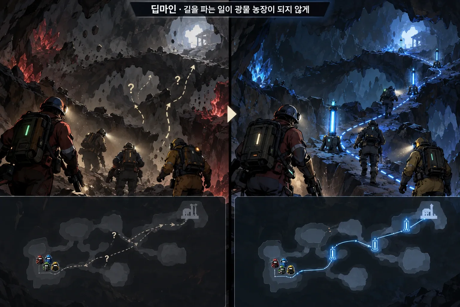 딥마인 — 길을 파는 일이 광물 농장이 되지 않게: 본문 규칙에 따른 전용 기획 도해