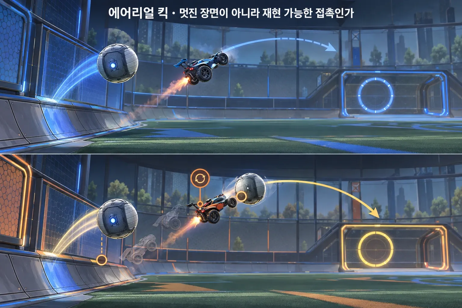 에어리얼 킥 — 멋진 장면이 아니라 재현 가능한 접촉인가: 본문 규칙에 따른 전용 기획 도해