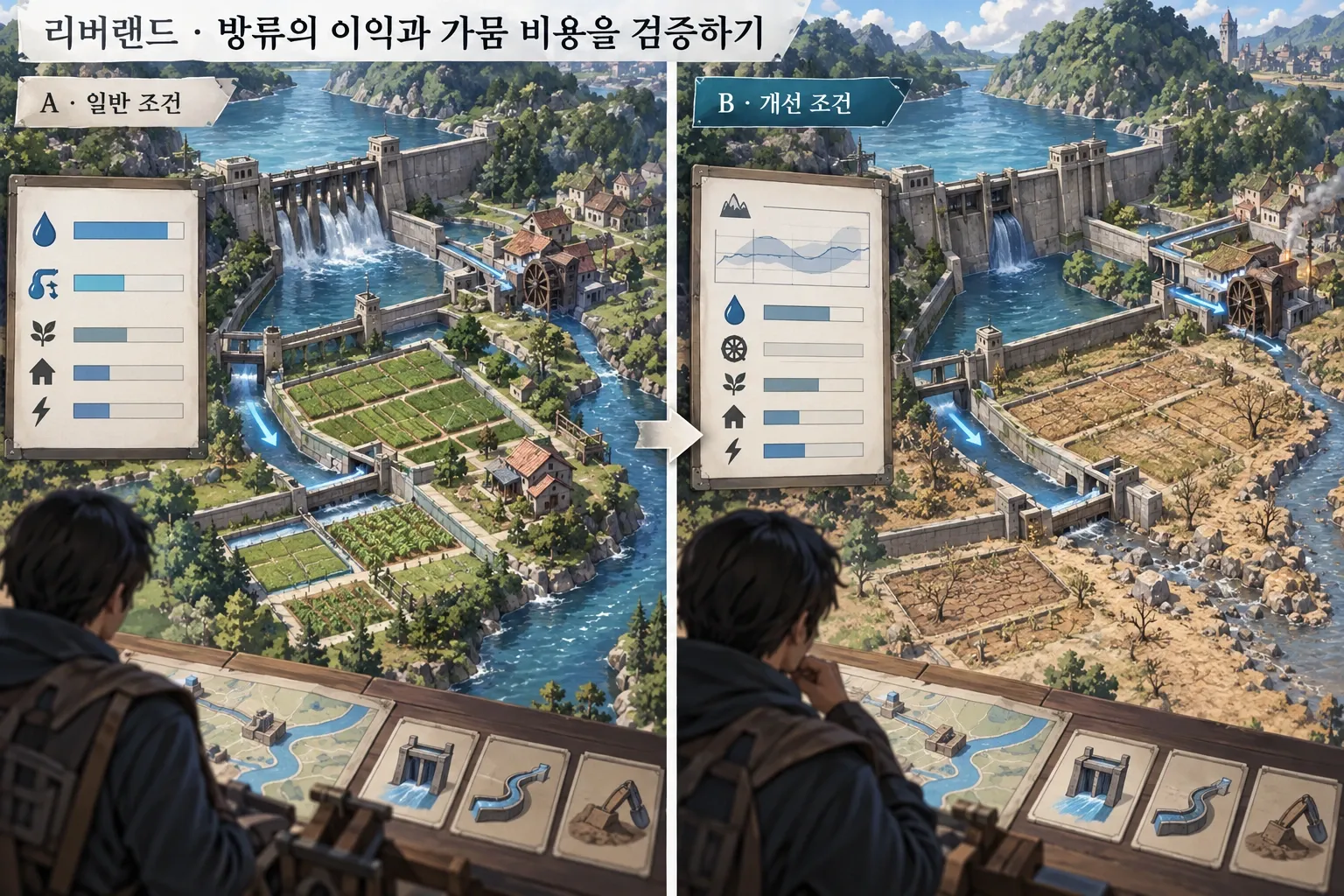 리버랜드 — 방류의 이익과 가뭄 비용을 검증하기: 본문 규칙에 따른 전용 기획 도해