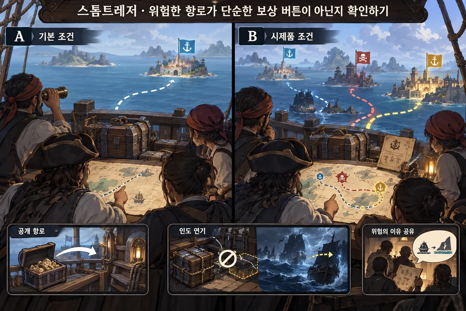 스톰트레저 — 위험한 항로가 단순한 보상 버튼이 아닌지 확인하기: 본문 규칙에 따른 전용 기획 도해