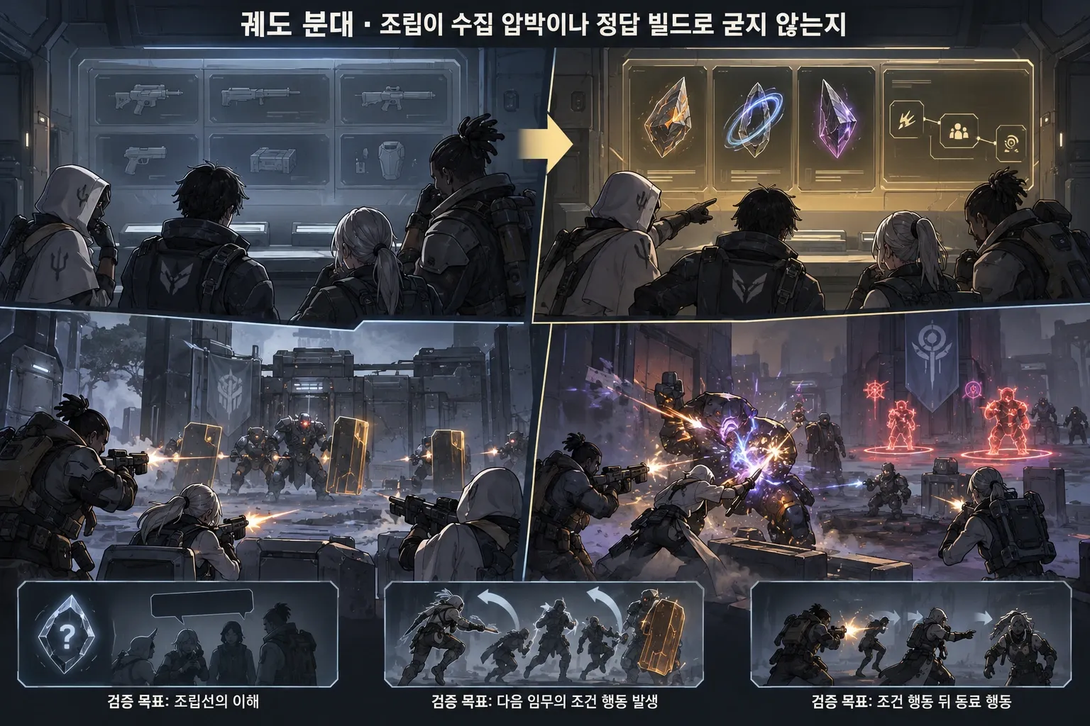 궤도 분대 — 조립이 수집 압박이나 정답 빌드로 굳지 않는지: 본문 규칙에 따른 전용 기획 도해