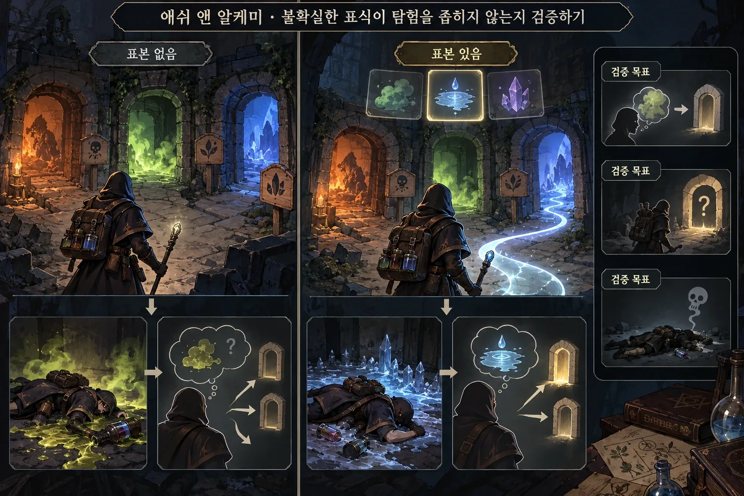 애쉬 앤 알케미 — 불확실한 표식이 탐험을 좁히지 않는지 검증하기: 본문 규칙에 따른 전용 기획 도해