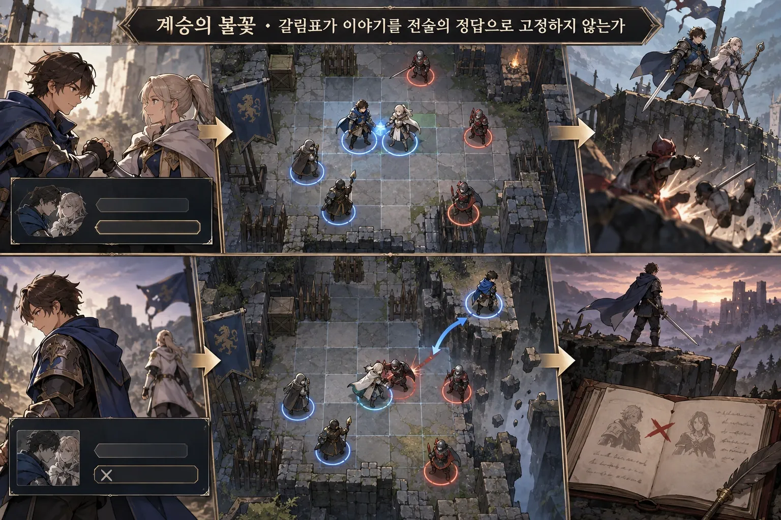 계승의 불꽃 — 갈림표가 이야기를 전술의 정답으로 고정하지 않는가: 본문 규칙에 따른 전용 기획 도해