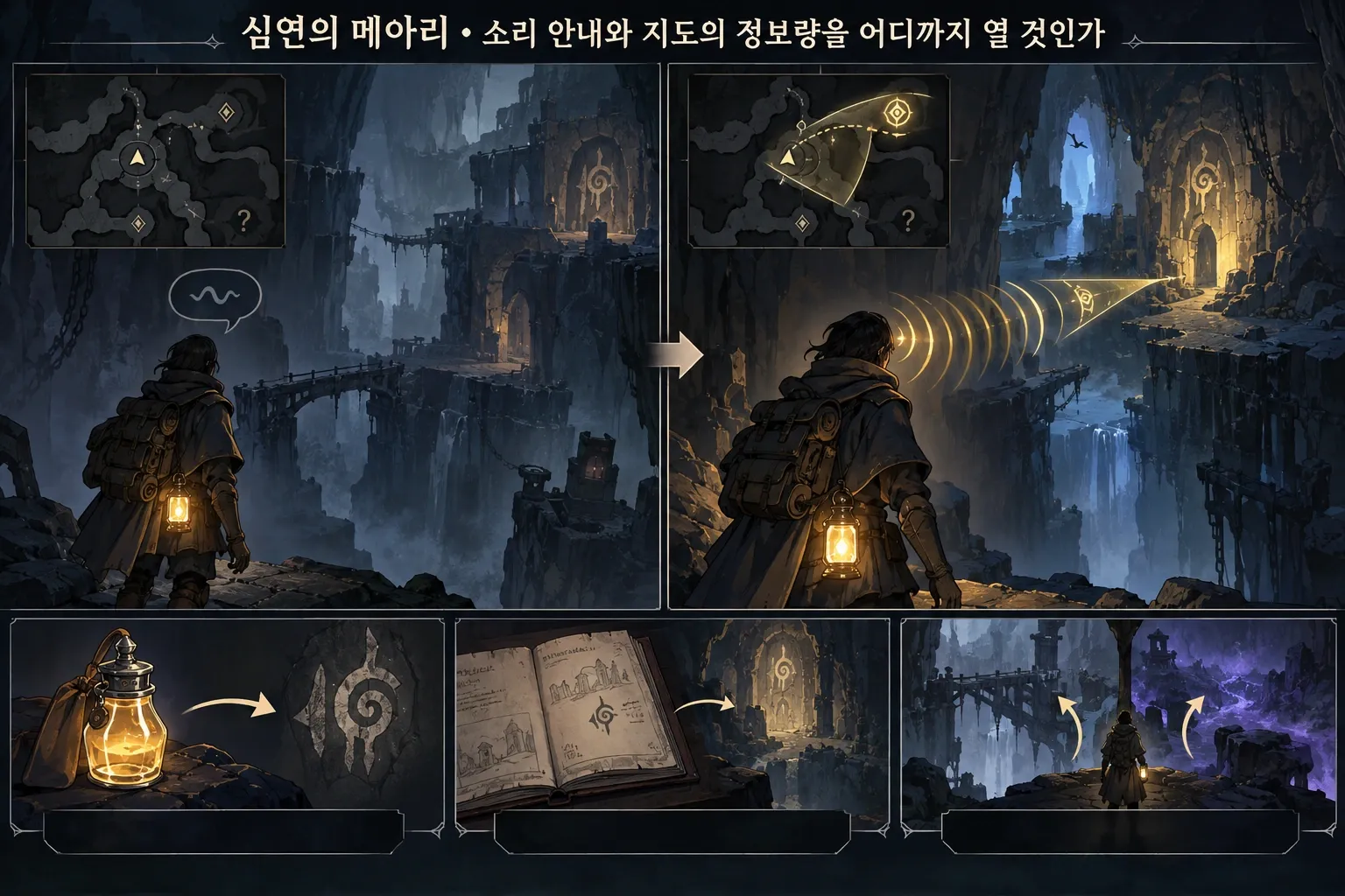 심연의 메아리 — 소리 안내와 지도의 정보량을 어디까지 열 것인가: 본문 규칙에 따른 전용 기획 도해