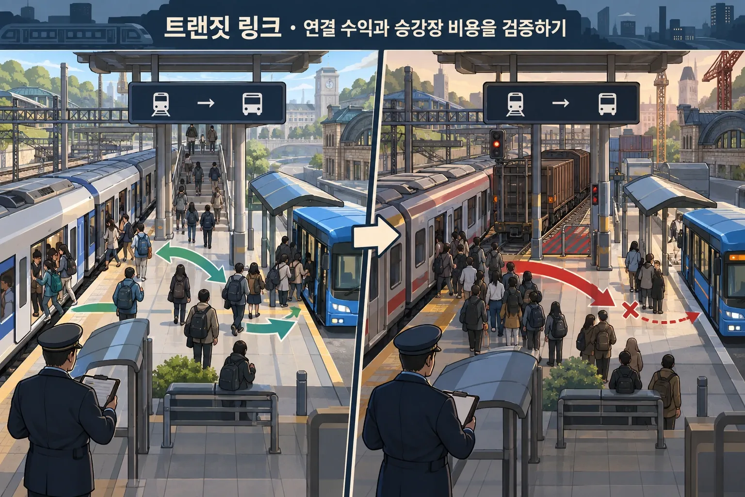 트랜짓 링크 — 연결 수익과 승강장 비용을 검증하기: 본문 규칙에 따른 전용 기획 도해