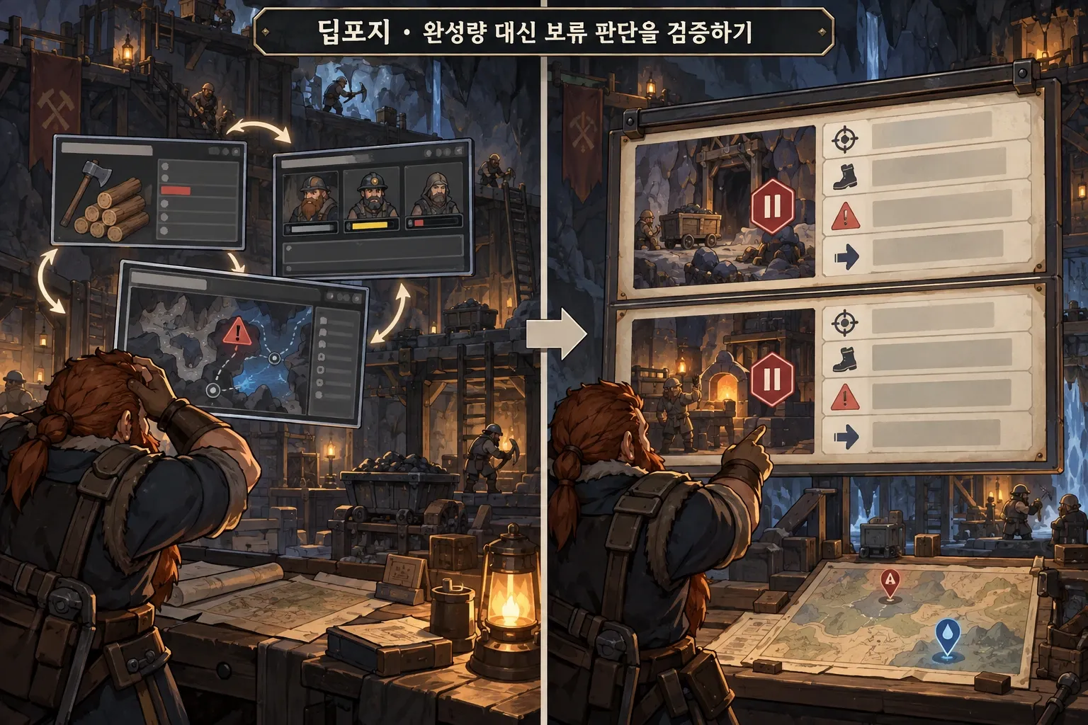 딥포지 — 완성량 대신 보류 판단을 검증하기: 본문 규칙에 따른 전용 기획 도해