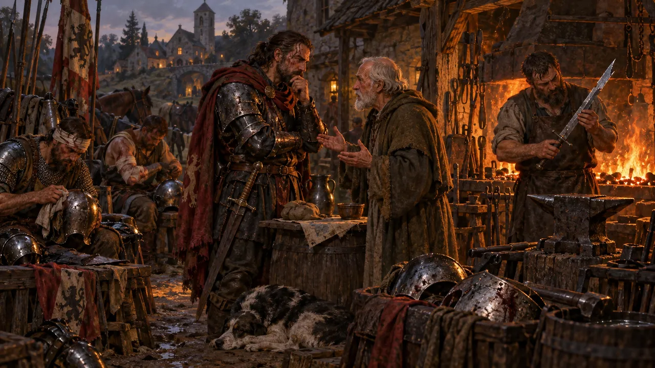 대장장이 곁에서 부상병과 장비 마모를 두고 계약을 협상하는 용병대장