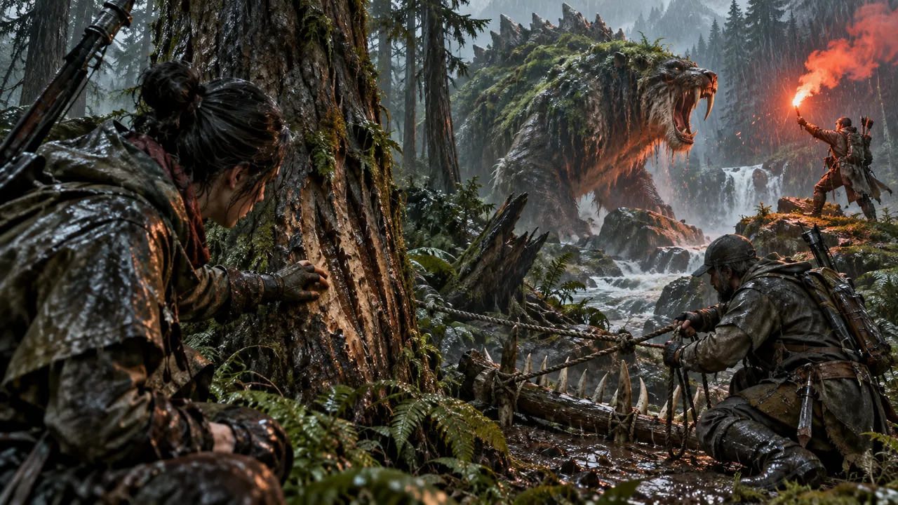 비 내리는 삼나무 숲에서 거대 짐승을 포획하려 협력하는 사냥꾼들