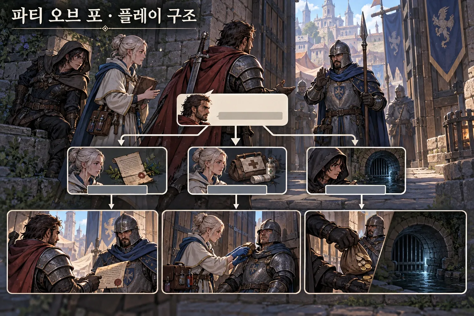 파티 오브 포 — 게임 개요: 본문 규칙에 따른 전용 기획 도해