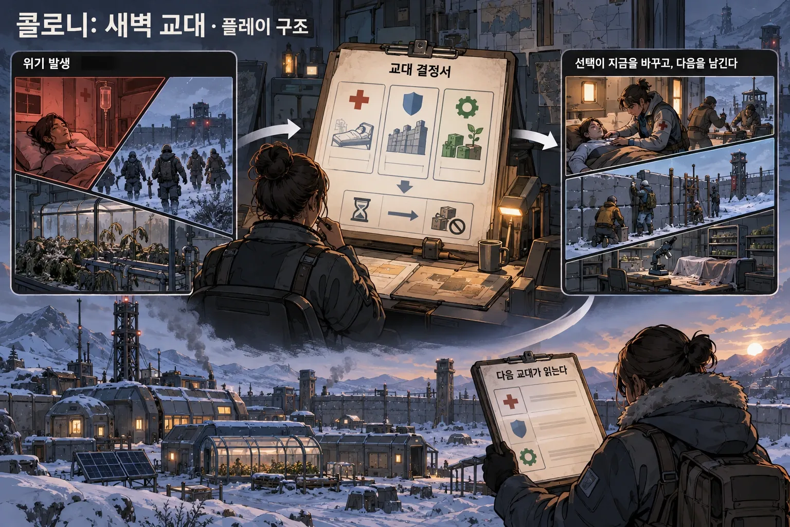 콜로니: 새벽 교대 — 게임 개요: 본문 규칙에 따른 전용 기획 도해